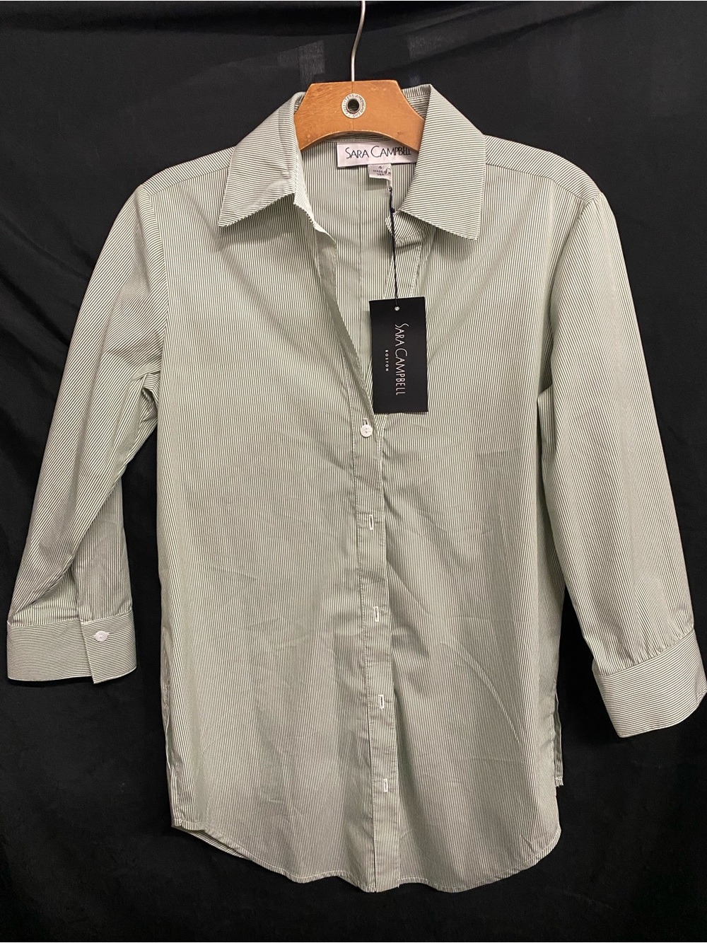 Sara Campbell Sage Pinstripe Button-Front Blouse. 3/4 Sleeve.